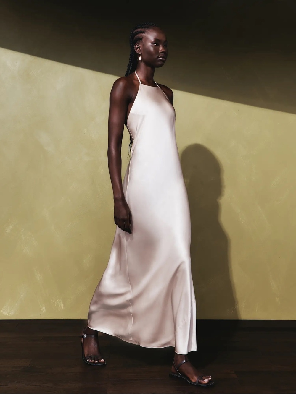 QUINCE 100% Washable Silk Halter Formal Maxi Dress Evening Gown in Champagne